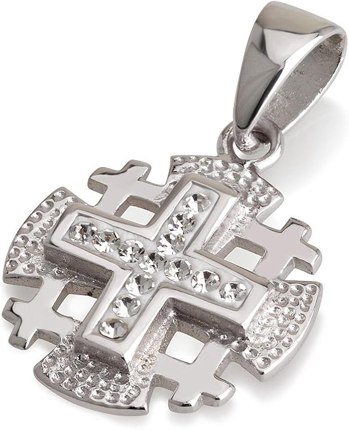 Cruz de Jerusalén en Plata 925 con Cristales Blancos