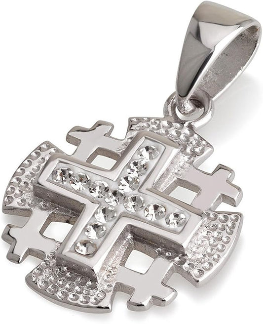 Cruz de Jerusalén en Plata 925 con Cristales Blancos