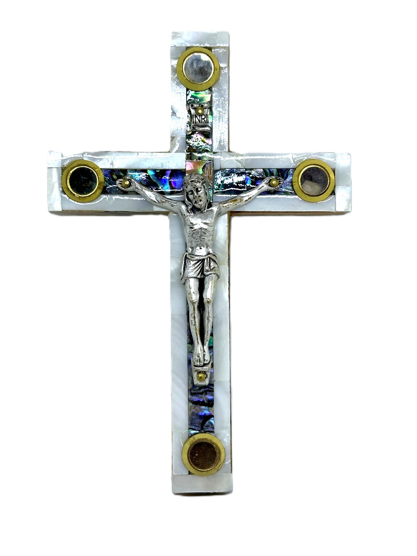 Crucifijo de Nácar Blanco con Detalles de Tierra Santa